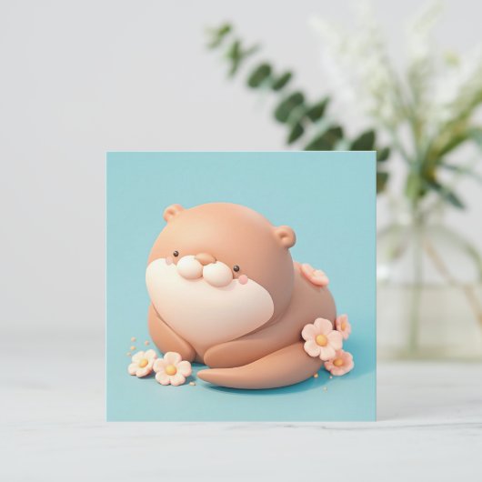 Cute 3D Clay Otter with Pink Flowers Postcard (スタンド正面)