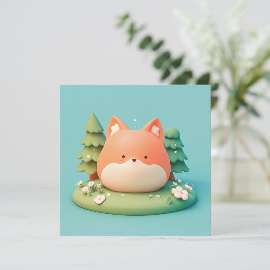 Cute 3D Clay Red Fox in Forest Meadow Postcard (スタンド正面)