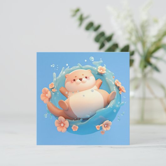 Cute 3D Clay Sea Otter Splashing in Water Postcard (スタンド正面)