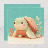 Cute 3D Clay Sea Turtle with Orange Coral Postcard (正面/裏面)