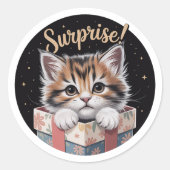 Cute 3D Kitten Surprise Gift Box Birthday Round St ラウンドシール (正面)