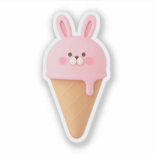 Cute 3D Pink Bunny Ice Cream Cone Sticker シール (正面)