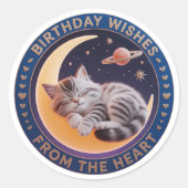 Cute 3D Sleeping Cat on Moon Birthday Wishes Round ラウンドシール (正面)