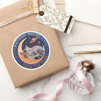 Cute 3D Sleeping Cat on Moon Birthday Wishes Round ラウンドシール