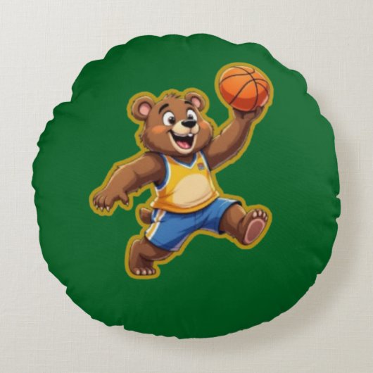 Cute 3D Teddy Bear Playing Basketball – Adorable S ラウンドクッション (正面)