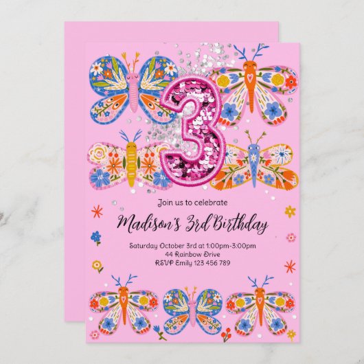 Cute 4th Birthday Butterfly 招待状 (正面/裏面)