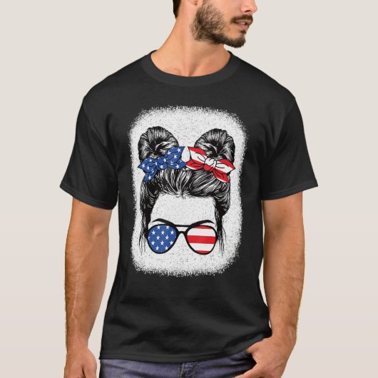 Cute 4th Of July Messy Bun Girl American Flag Patr Tシャツ (正面)