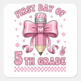 Cute 5th Grade Girl Pink Bow Groovy Pencil Design スクエアシール