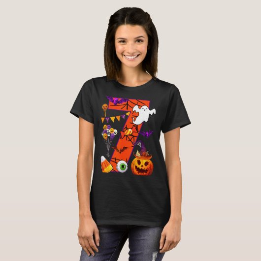 Cute 7 Years Old 7th Birthday Ghost Happy Hallowee Tシャツ (正面フル)