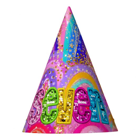 Cute 7th Rainbow Sequin Gold Glitter Maximalist パーティーハット (正面)