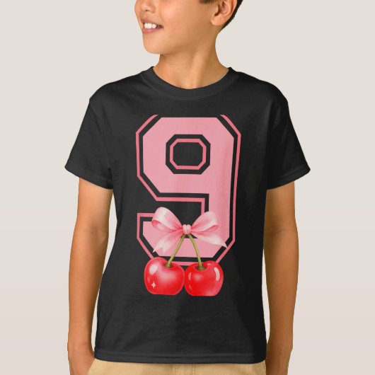 Cute 9th Birthday Girl Nk Cherry Coquette Bow 9 Ye Tシャツ (正面)