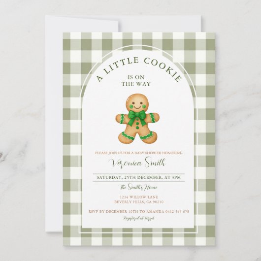 Cute A little Cookie baby shower green gingham  招待状 (正面)