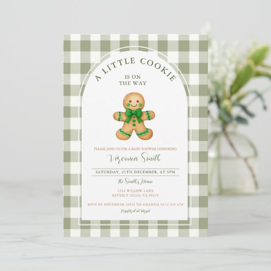 Cute A little Cookie baby shower green gingham  招待状 (スタンド正面)