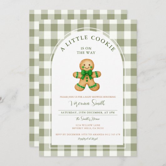 Cute A little Cookie baby shower green gingham  招待状 (正面/裏面)