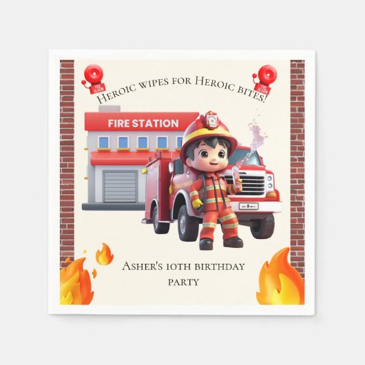 Cute Adorable 3D Firefighter Boy with Fire Truck スタンダードカクテルナプキン (正面)