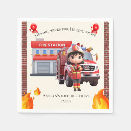 Cute Adorable 3D Firefighter Girl with Fire Truck スタンダードカクテルナプキン