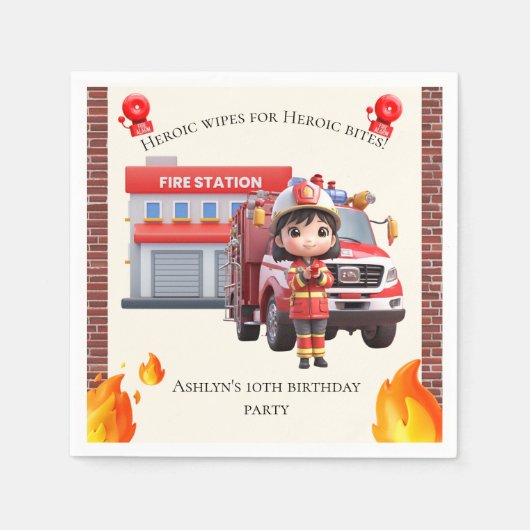 Cute Adorable 3D Firefighter Girl with Fire Truck スタンダードカクテルナプキン (正面)