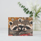 Cute Adorable Baby Raccoons on Red Blanket ポストカード (スタンド正面)