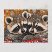 Cute Adorable Baby Raccoons on Red Blanket ポストカード (正面)