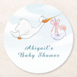 Cute Adorable Birds Carrying Girls Baby Shower  ラウンドペーパーコースター