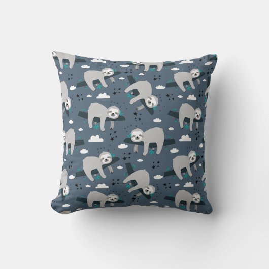 cute adorable gray sloth pattern blue background クッション (正面)