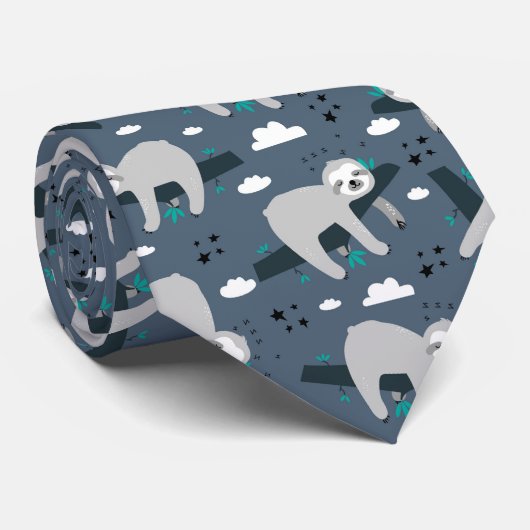 cute adorable gray sloth pattern blue background ネクタイ (ロール)