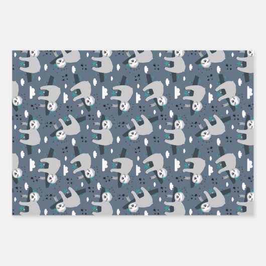 cute adorable gray sloth pattern blue background ラッピングペーパーシート (正面)