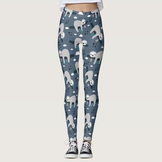 cute adorable gray sloth pattern blue background レギンス (正面)