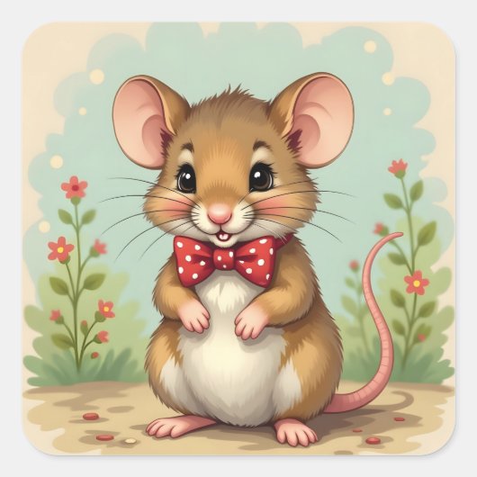 Cute adorable little mouse with tie スクエアシール (正面)