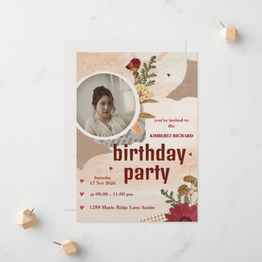 Cute Aesthetic Birthday Invitation Card 案内状 (正面/裏面インサイチュ)