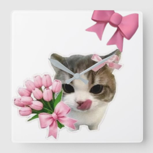 Cute Aesthetic Cat with Pink Bows Wall Clock - Coq スクエア壁時計 (正面)