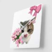 Cute Aesthetic Cat with Pink Bows Wall Clock - Coq スクエア壁時計 (傾斜)