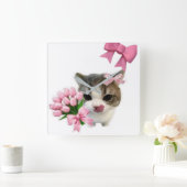 Cute Aesthetic Cat with Pink Bows Wall Clock - Coq スクエア壁時計 (ホーム)