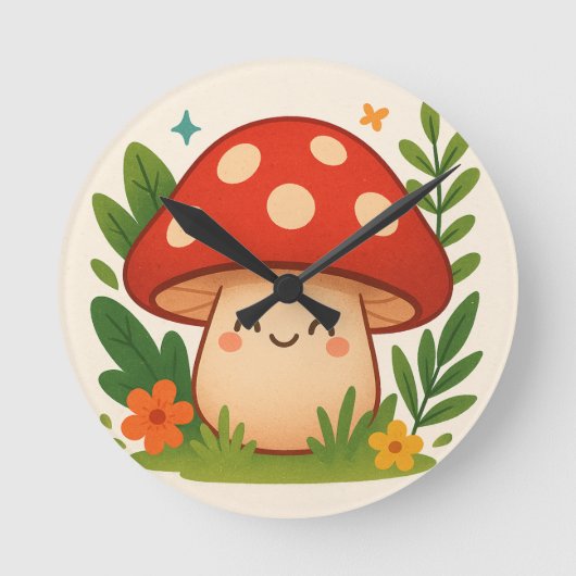 Cute Aesthetic Mushroom Wall Clock ラウンド壁時計 (正面)