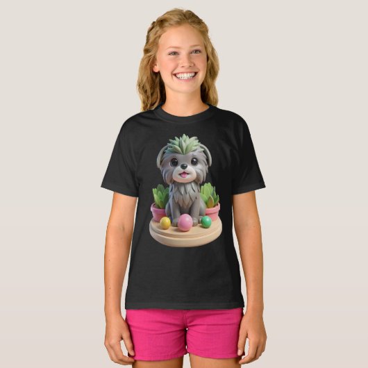 Cute Affenpinscher Succulent | 3D Grey Monkey Dog Tシャツ (正面フル)
