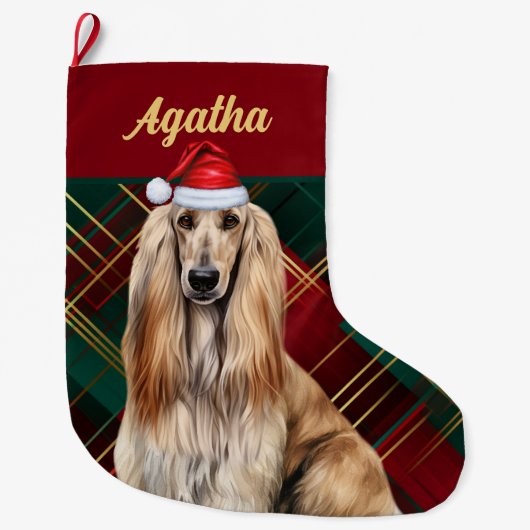 Cute Afghan Hound Dog Holiday Plaid Personalized ラージクリスマスストッキング (正面)