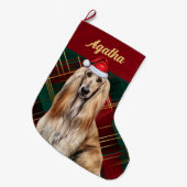 Cute Afghan Hound Dog Holiday Plaid Personalized ラージクリスマスストッキング (正面 (吊り時))