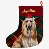 Cute Afghan Hound Dog Holiday Plaid Personalized ラージクリスマスストッキング (裏面)