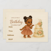 Cute African-American Chibi Girl Birthday Invite 招待状 (正面/裏面)