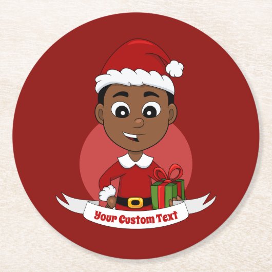 Cute African American Christmas boy cartoon ラウンドペーパーコースター (正面)