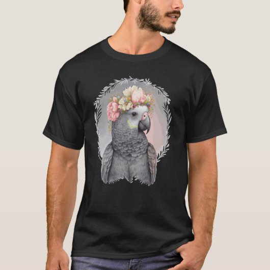 Cute African Gray Parrot Bird Flower Crown Pet Bir Tシャツ (正面)