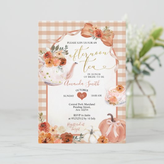 Cute Afternoon Tea party Bow Pumpkin Bridal Shower 招待状 (スタンド正面)