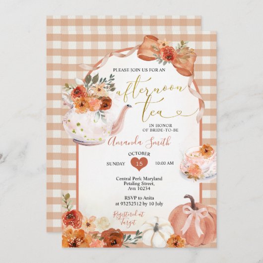 Cute Afternoon Tea party Bow Pumpkin Bridal Shower 招待状 (正面/裏面)