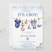 Cute Ahoy It's a Boy clothesline Baby Shower 招待状 (正面)