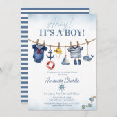 Cute Ahoy It's a Boy clothesline Baby Shower 招待状 (正面/裏面)