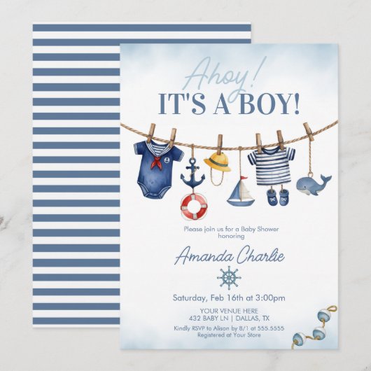 Cute Ahoy It's a Boy clothesline Baby Shower 招待状 (正面/裏面)