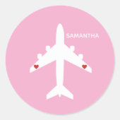 Cute Airplane Hearts Pink Girl Pilot Travel Custom ラウンドシール (正面)