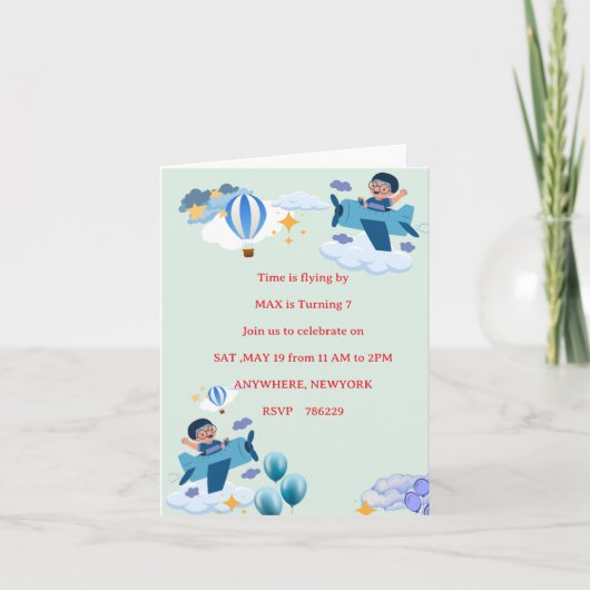 Cute Airplane Kids Birthday Invitation 招待状 (正面)