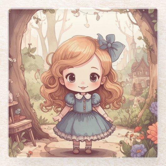 Cute Alice Adventures Wonderland Woodland Art ガラスコースター (正面)