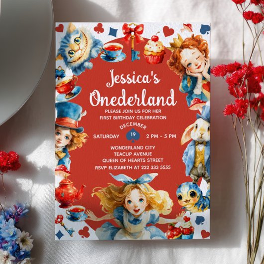  Cute Alice in ONEDERLAND 1st Birthday Tea Party 招待状